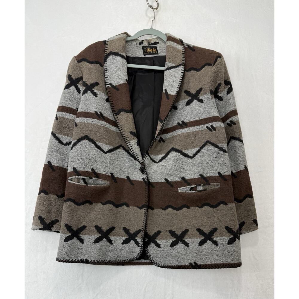 Vintage David Paul Wool Blend Coat L Grey Brown Southwestern Buttons Pockets